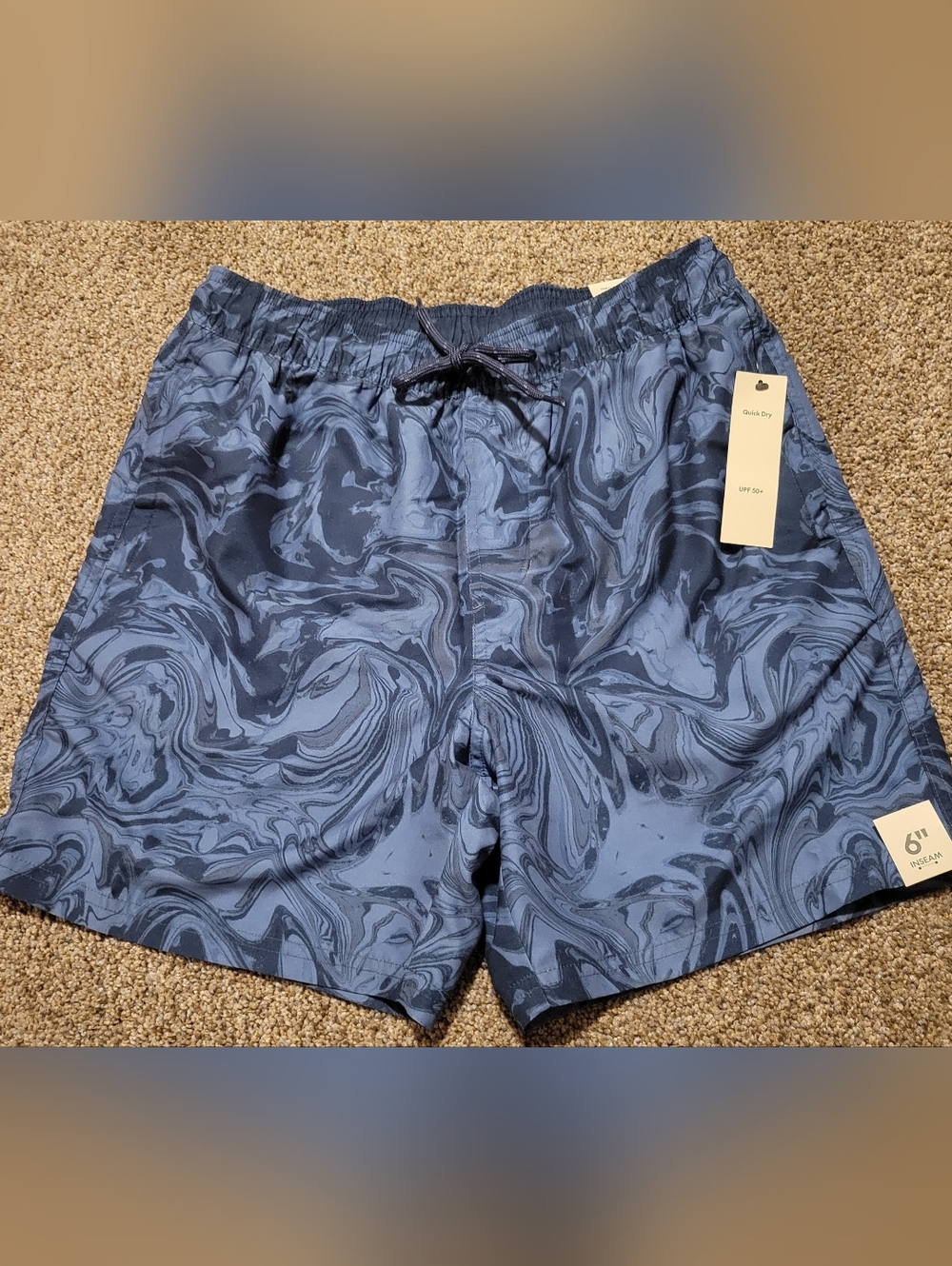 No Boundaries Men's Navy Marble Swim Trunks